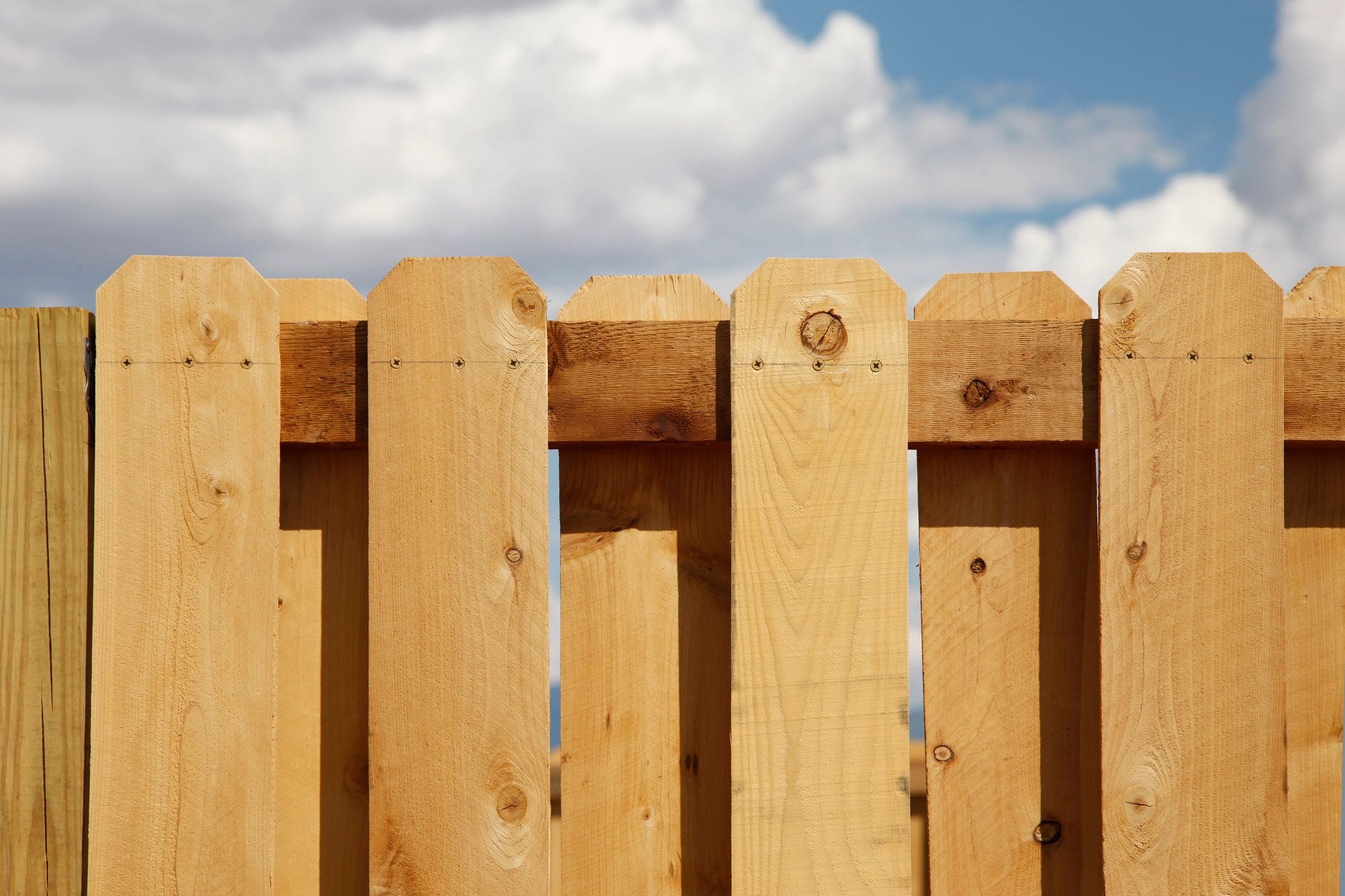 Cedar picket fence with capped posts against a blue sky