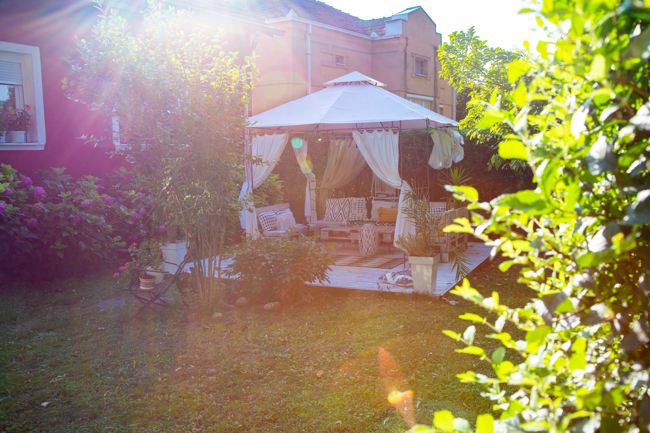 Backyard with gazebo and perimeter fence